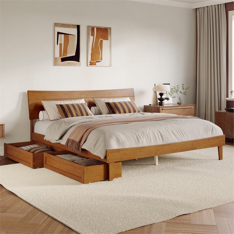 Pemberly Row King Solid Wood Platform Bed with Storage Drawers in Light Toffee