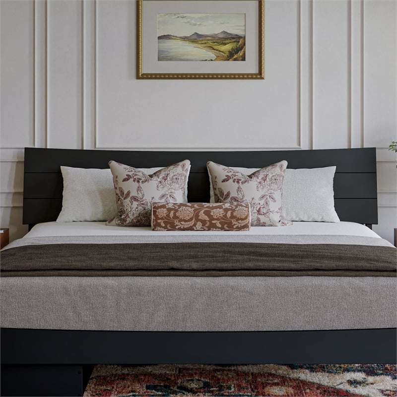 Pemberly Row King Solid Wood Platform Bed with Storage Drawers in Black