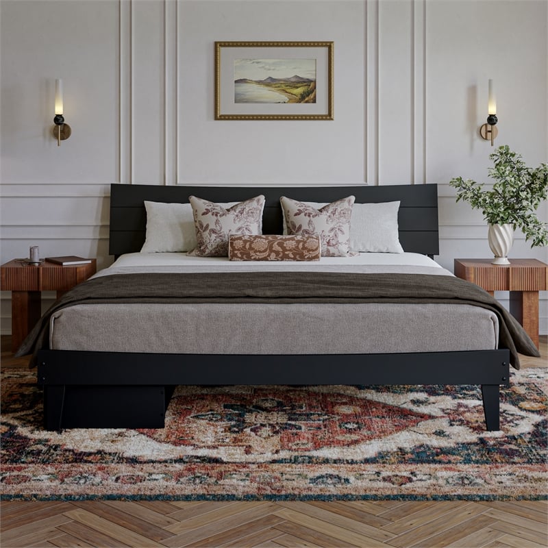 Pemberly Row King Solid Wood Platform Bed with Storage Drawers in Black