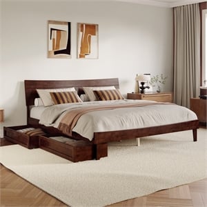 Pemberly Row King Solid Wood Platform Bed with Storage Drawers in Walnut