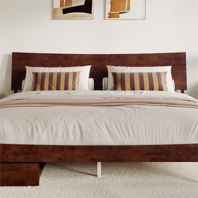 Pemberly Row King Solid Wood Platform Bed with Storage Drawers in Walnut