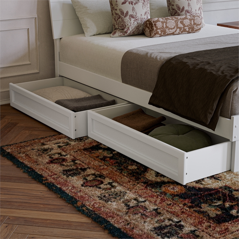 Pemberly Row King Solid Wood Platform Bed with Storage Drawers in White