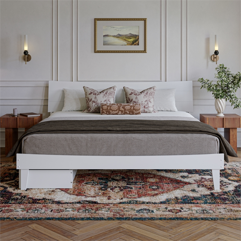 Pemberly Row King Solid Wood Platform Bed with Storage Drawers in White