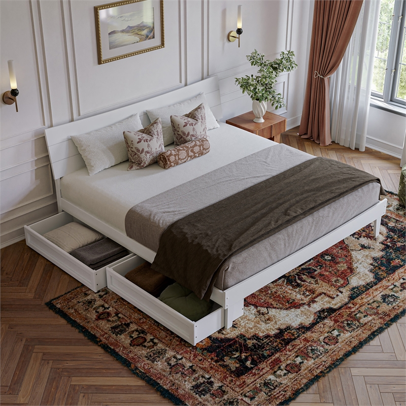 Pemberly Row King Solid Wood Platform Bed with Storage Drawers in White
