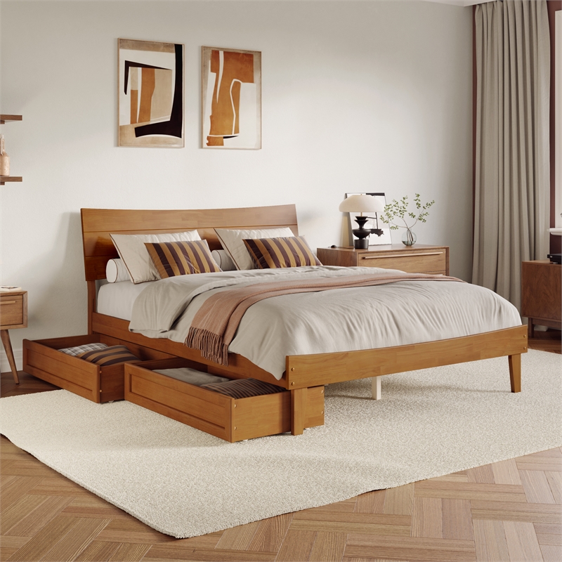 Pemberly Row Queen Solid Wood Platform Bed with Storage Drawers in Light Toffee