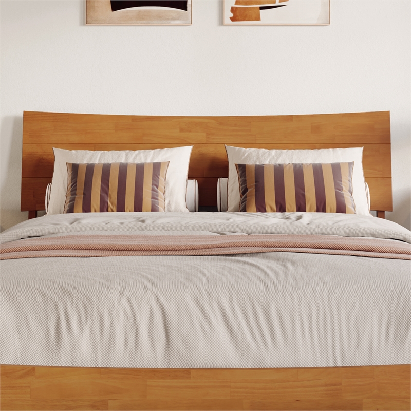 Pemberly Row Queen Solid Wood Platform Bed with Storage Drawers in Light Toffee