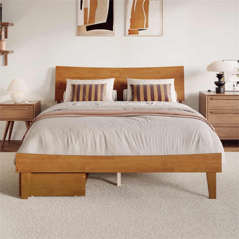 Pemberly Row Queen Solid Wood Platform Bed with Storage Drawers in Light Toffee