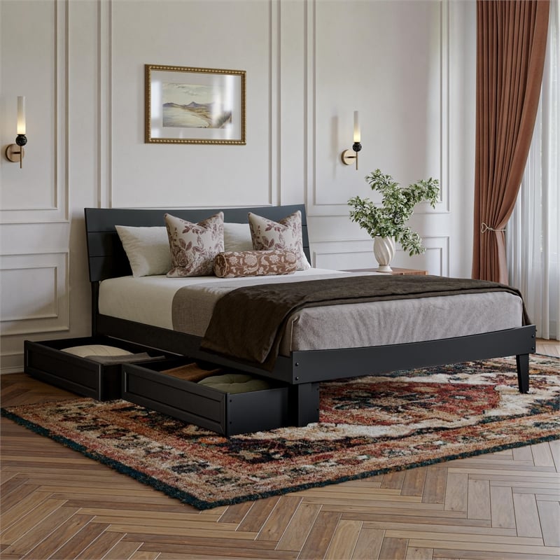Pemberly Row Queen Solid Wood Platform Bed with Storage Drawers in Black