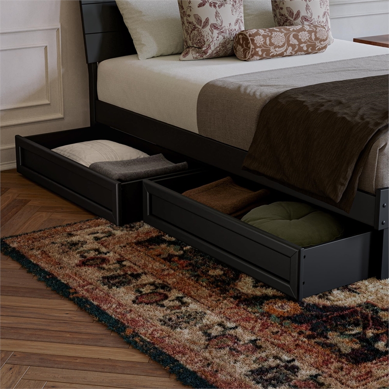 Pemberly Row Queen Solid Wood Platform Bed with Storage Drawers in Black