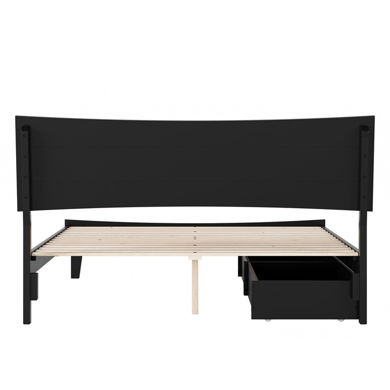 Pemberly Row Queen Solid Wood Platform Bed with Storage Drawers in Black
