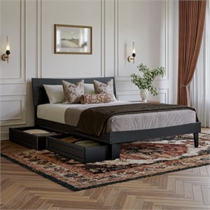 Pemberly Row Queen Solid Wood Platform Bed with Storage Drawers in Black