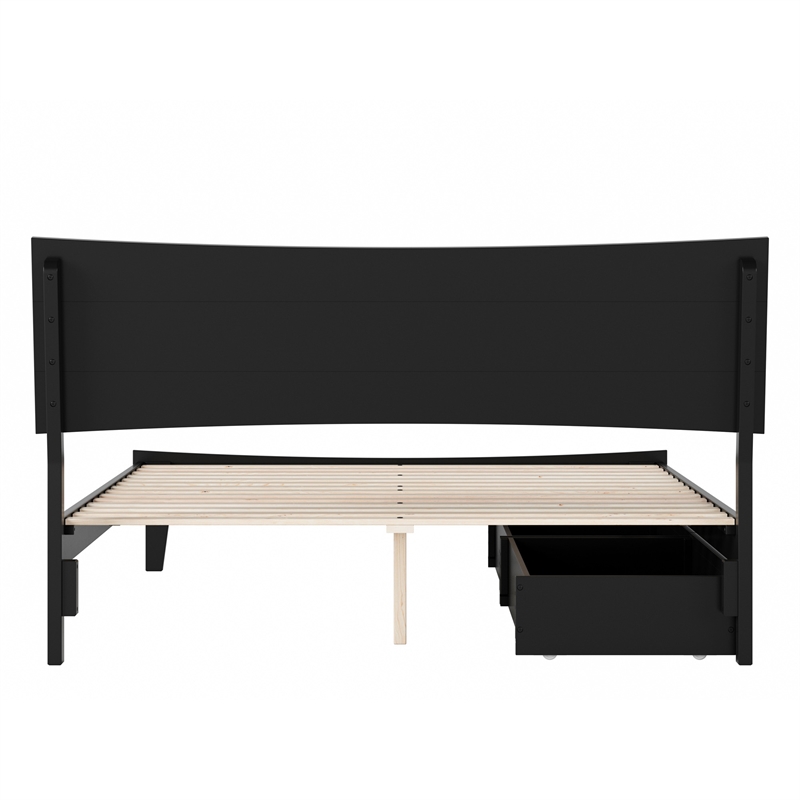 Pemberly Row Queen Solid Wood Platform Bed with Storage Drawers in Black