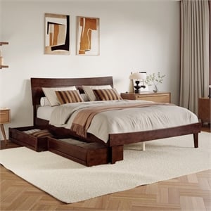 Pemberly Row Queen Solid Wood Platform Bed with Storage Drawers in Walnut