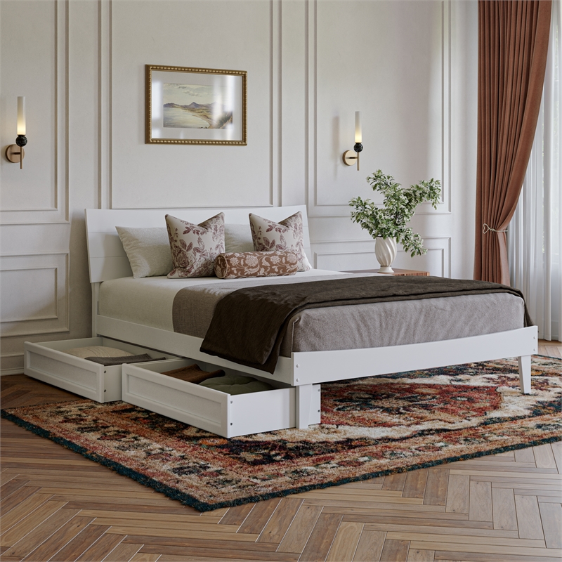 Pemberly Row Queen Solid Wood Platform Bed with Storage Drawers in White