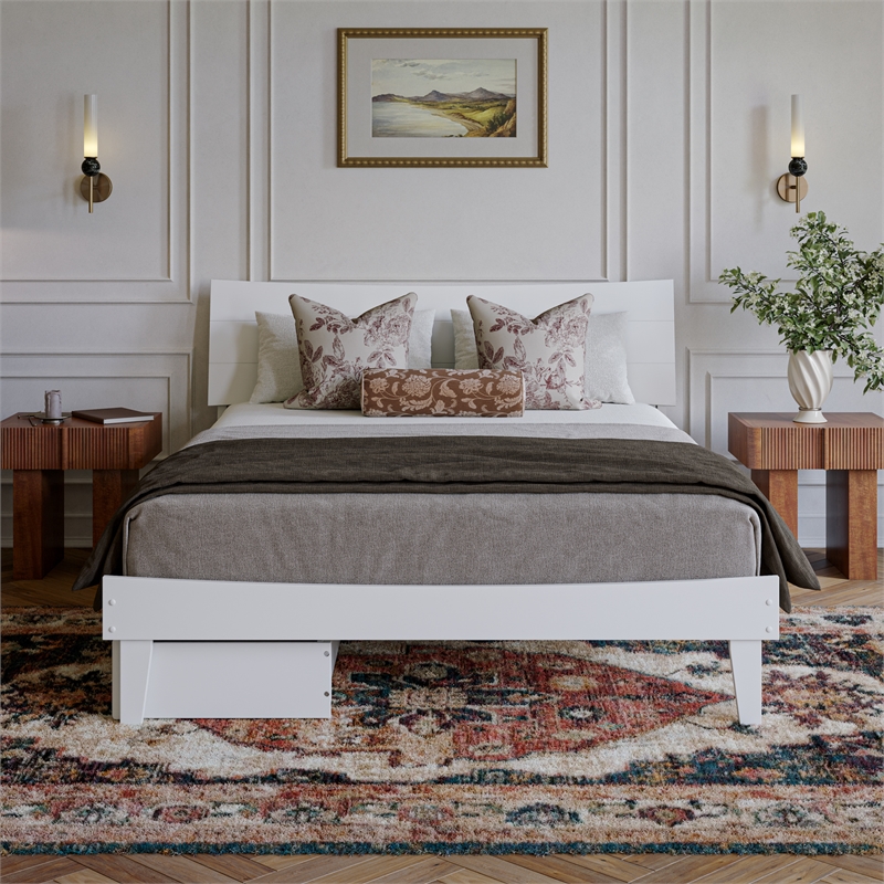 Pemberly Row Queen Solid Wood Platform Bed with Storage Drawers in White