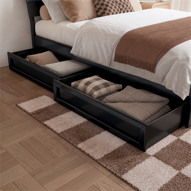 Pemberly Row Full Solid Wood Platform Bed with Storage Drawers in Black