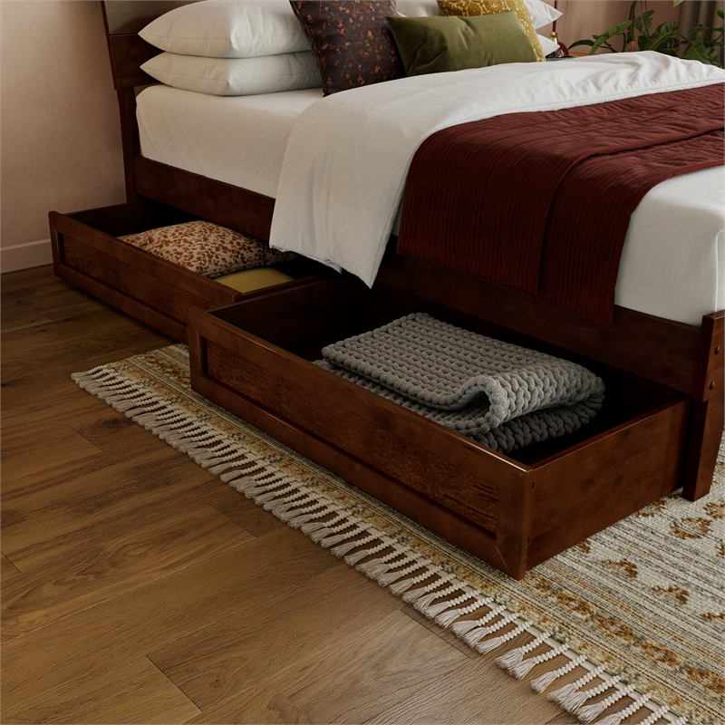 Pemberly Row Full Solid Wood Platform Bed with Storage Drawers in Walnut