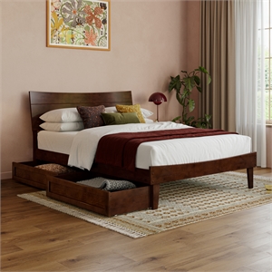 Pemberly Row Full Solid Wood Platform Bed with Storage Drawers in Walnut
