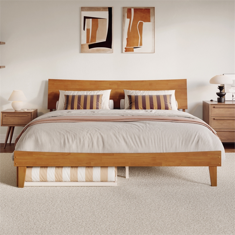 Pemberly Row King Solid Wood Platform Bed with Trundle in Light Toffee