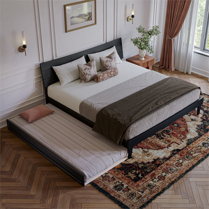 Pemberly Row King Solid Wood Platform Bed with Trundle in Black