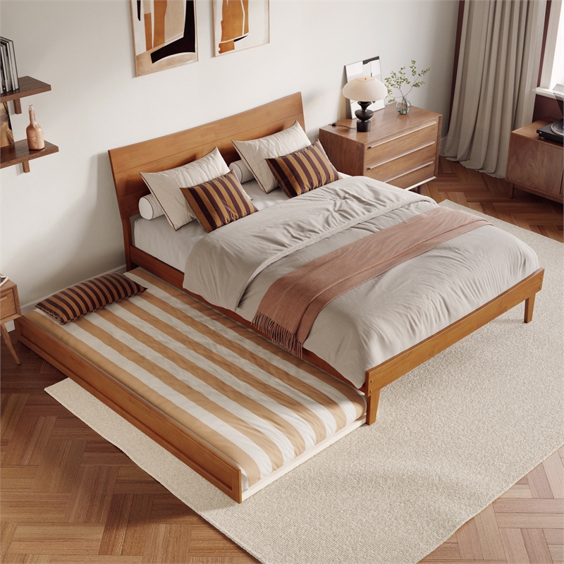 Pemberly Row Queen Solid Wood Platform Bed with Trundle in Light Toffee