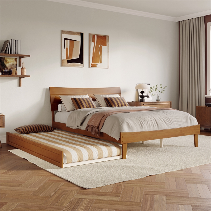 Pemberly Row Queen Solid Wood Platform Bed with Trundle in Light Toffee