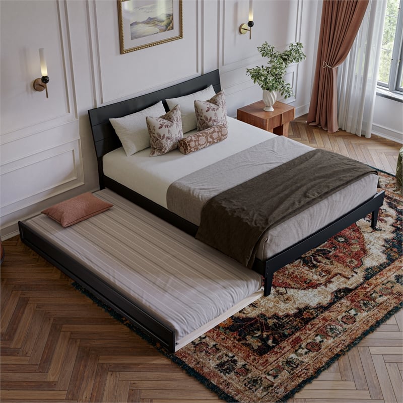 Pemberly Row Queen Solid Wood Platform Bed with Trundle in Black