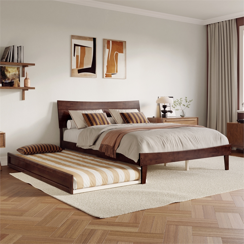 Pemberly Row Queen Solid Wood Platform Bed with Trundle in Walnut