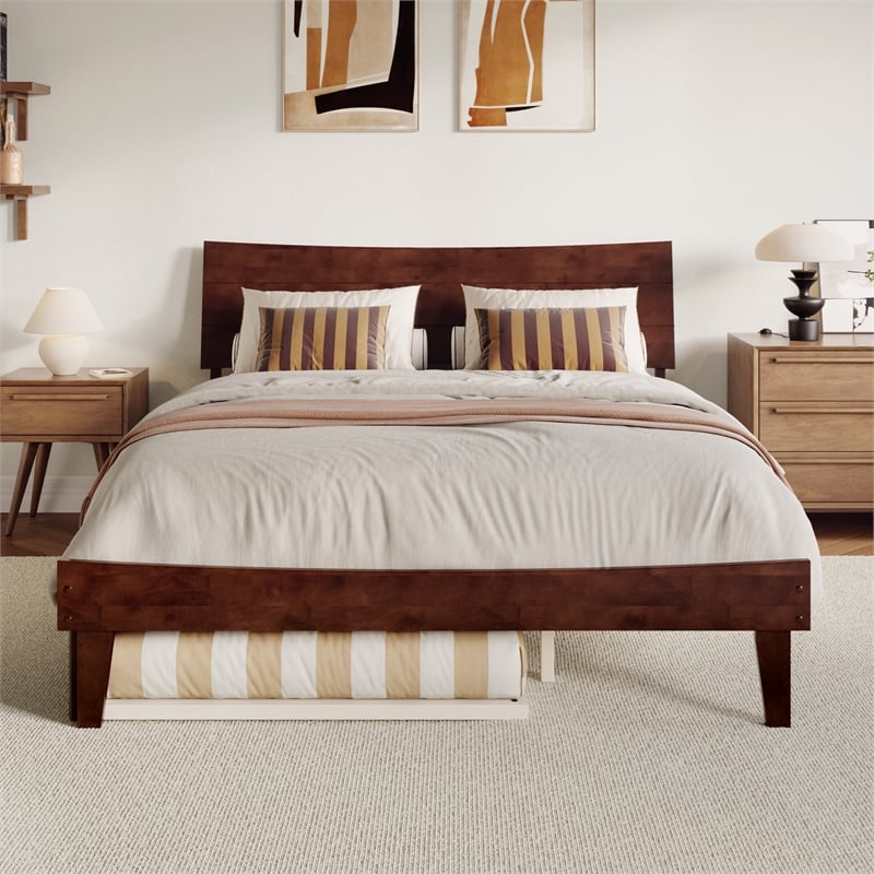 Pemberly Row Queen Solid Wood Platform Bed with Trundle in Walnut