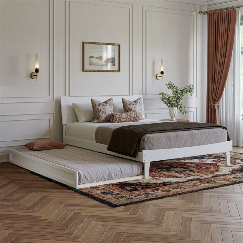 Pemberly Row Queen Solid Wood Platform Bed with Trundle in White