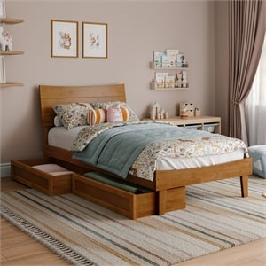 Pemberly Row Twin Solid Wood Platform Bed with Storage Drawers in Light Toffee