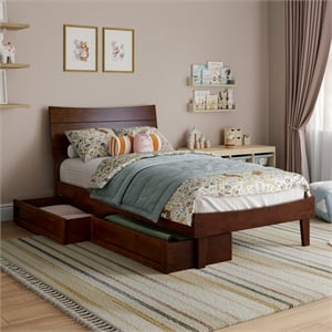 Pemberly Row Twin Solid Wood Platform Bed with Storage Drawers in Walnut