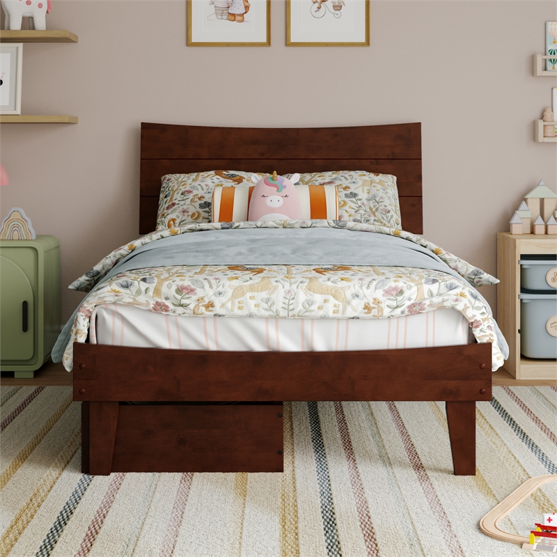 Pemberly Row Twin Solid Wood Platform Bed with Storage Drawers in Walnut