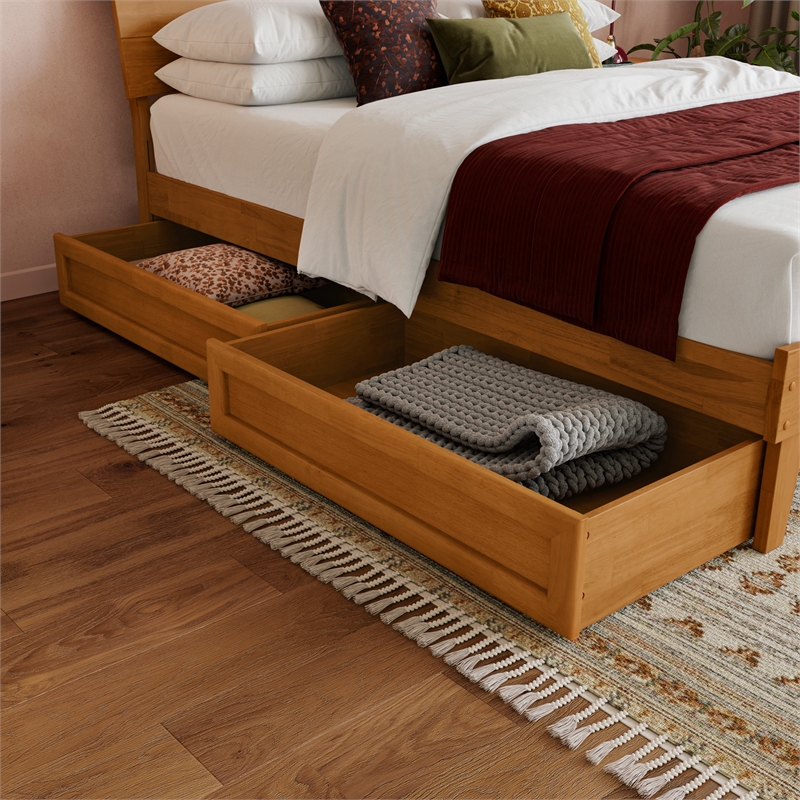 Pemberly Row Twin XL Wood Platform Bed with Storage Drawers in Light Toffee