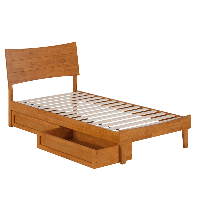 Pemberly Row Twin XL Wood Platform Bed with Storage Drawers in Light Toffee