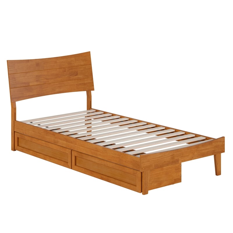 Pemberly Row Twin XL Wood Platform Bed with Storage Drawers in Light Toffee