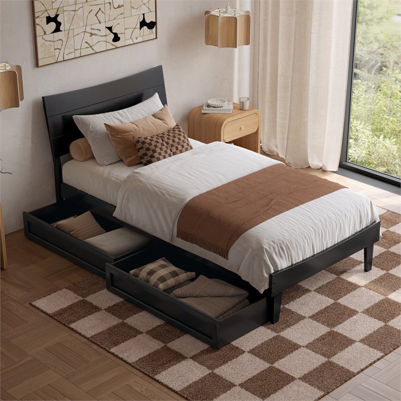 Pemberly Row Twin XL Solid Wood Platform Bed with Storage Drawers in Black