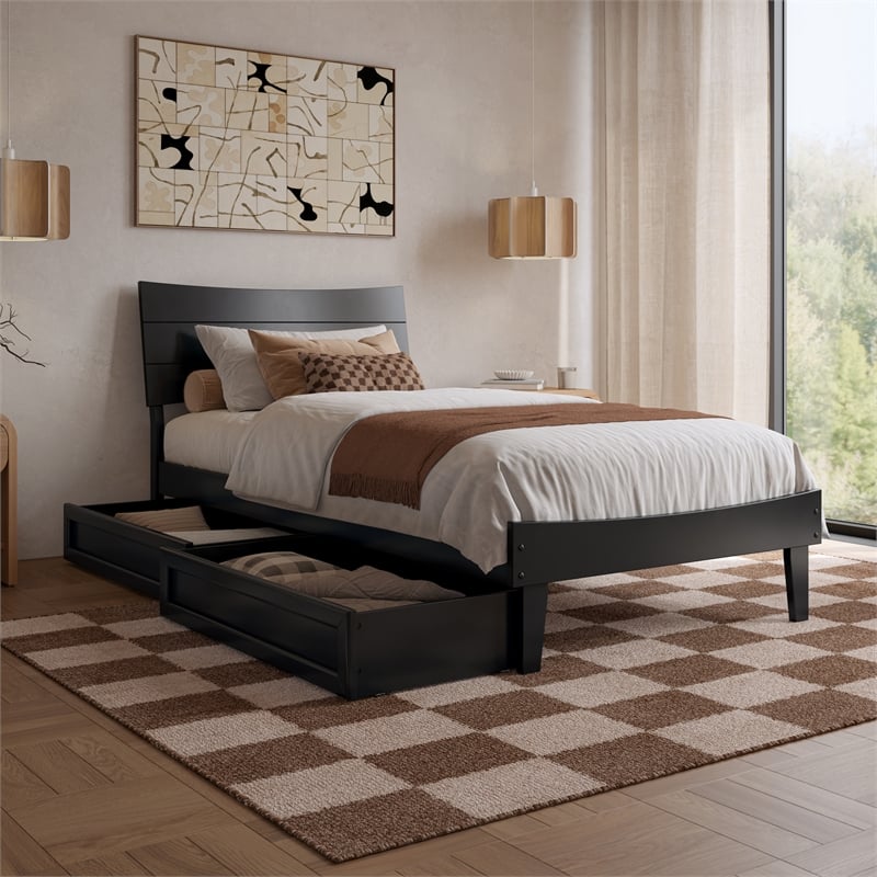 Pemberly Row Twin XL Solid Wood Platform Bed with Storage Drawers in Black