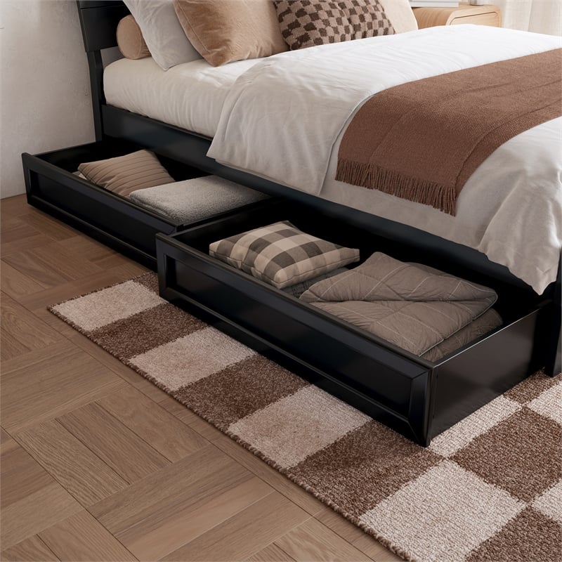 Pemberly Row Twin XL Solid Wood Platform Bed with Storage Drawers in Black