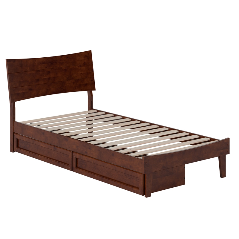 Pemberly Row Twin XL Solid Wood Platform Bed with Storage Drawers in Walnut