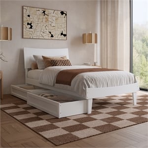 Pemberly Row Twin XL Solid Wood Platform Bed with Storage Drawers in White