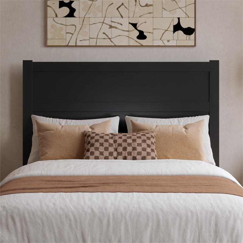 Pemberly Row Full Mid-Century Panel Solid Wood Headboard in Black
