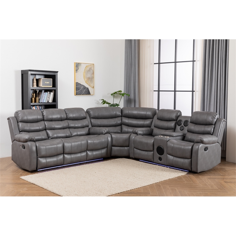 Pemberly Row 6-Seater L-Shape Reclining Sectional Sofa in Gray Faux Leather