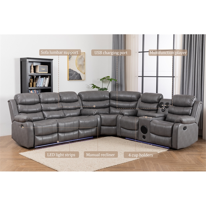 Pemberly Row 6-Seater L-Shape Reclining Sectional Sofa in Gray Faux Leather