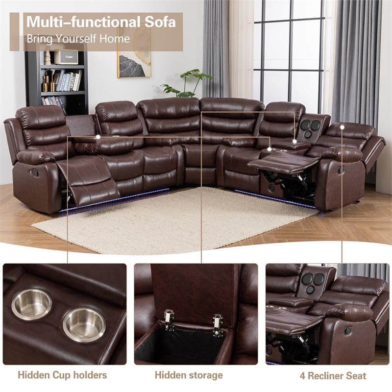 Pemberly Row 6-Seater L-Shape Reclining Sectional Sofa in Brown Faux Leather
