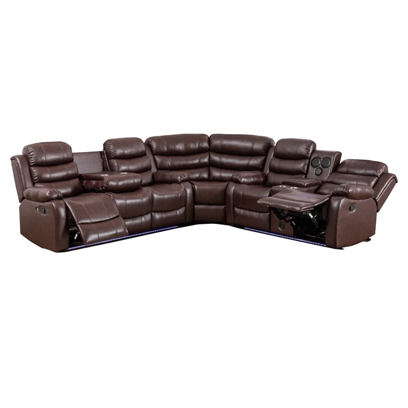 Pemberly Row 6-Seater L-Shape Reclining Sectional Sofa in Brown Faux Leather
