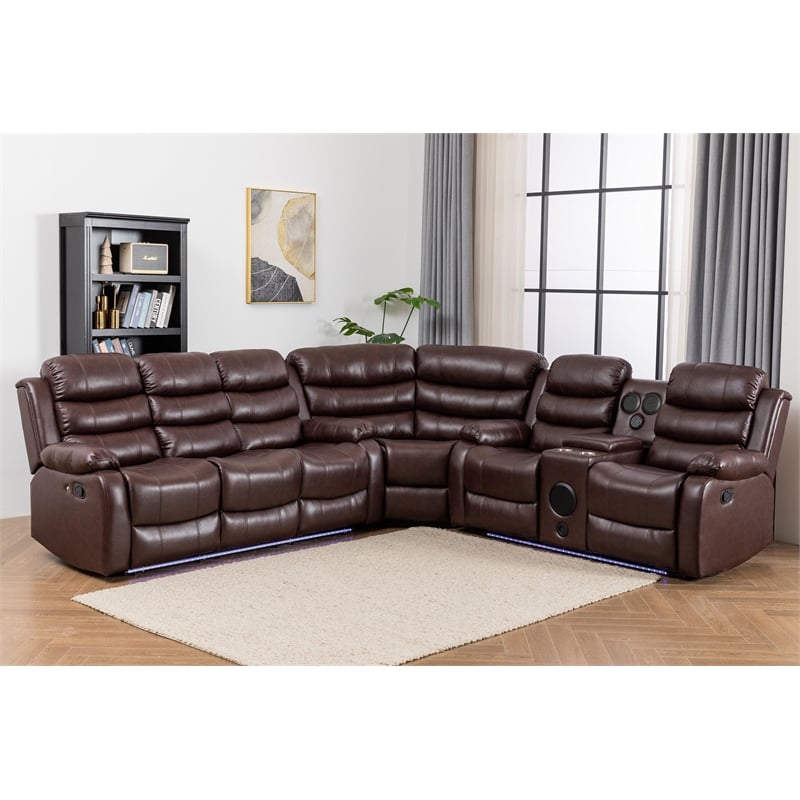 Pemberly Row 6-Seater L-Shape Reclining Sectional Sofa in Brown Faux Leather