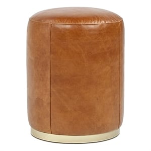 Pemberly Row Contemporary 16&quot Round Leather Ottoman Stool in Camel Brown