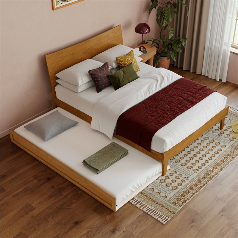 Pemberly Row Full Wood Platform Bed with Twin Trundle in Light Toffee