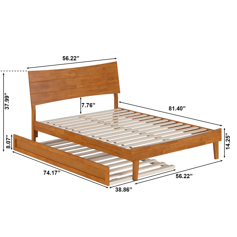 Pemberly Row Full Wood Platform Bed with Twin Trundle in Light Toffee